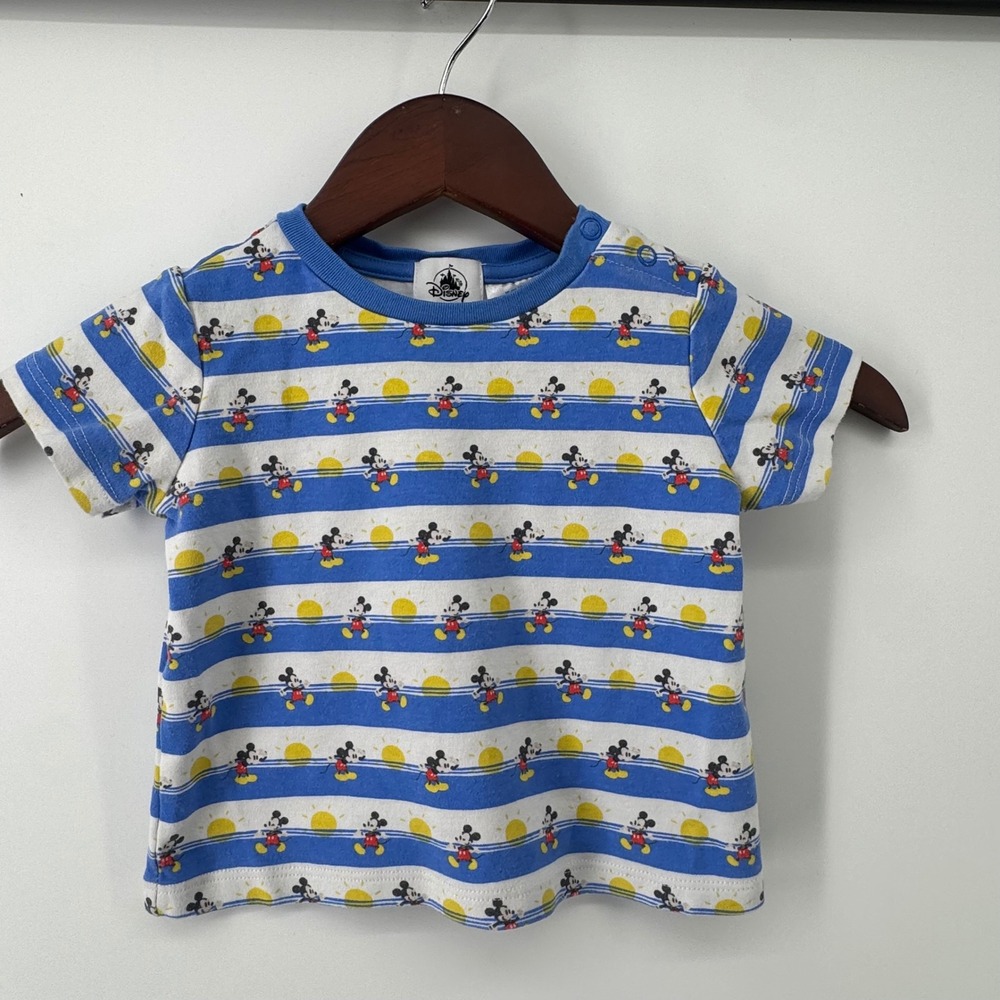 Disney Baby Mickey Mouse Striped Sun T-Shirt Blue White 18-24M Shoulder Snaps